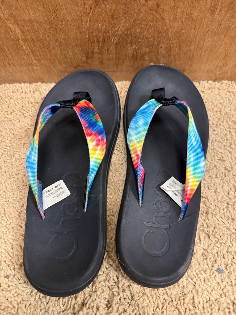 Chaco Black Flip Sandals with Rainbow Tie-Dye Straps